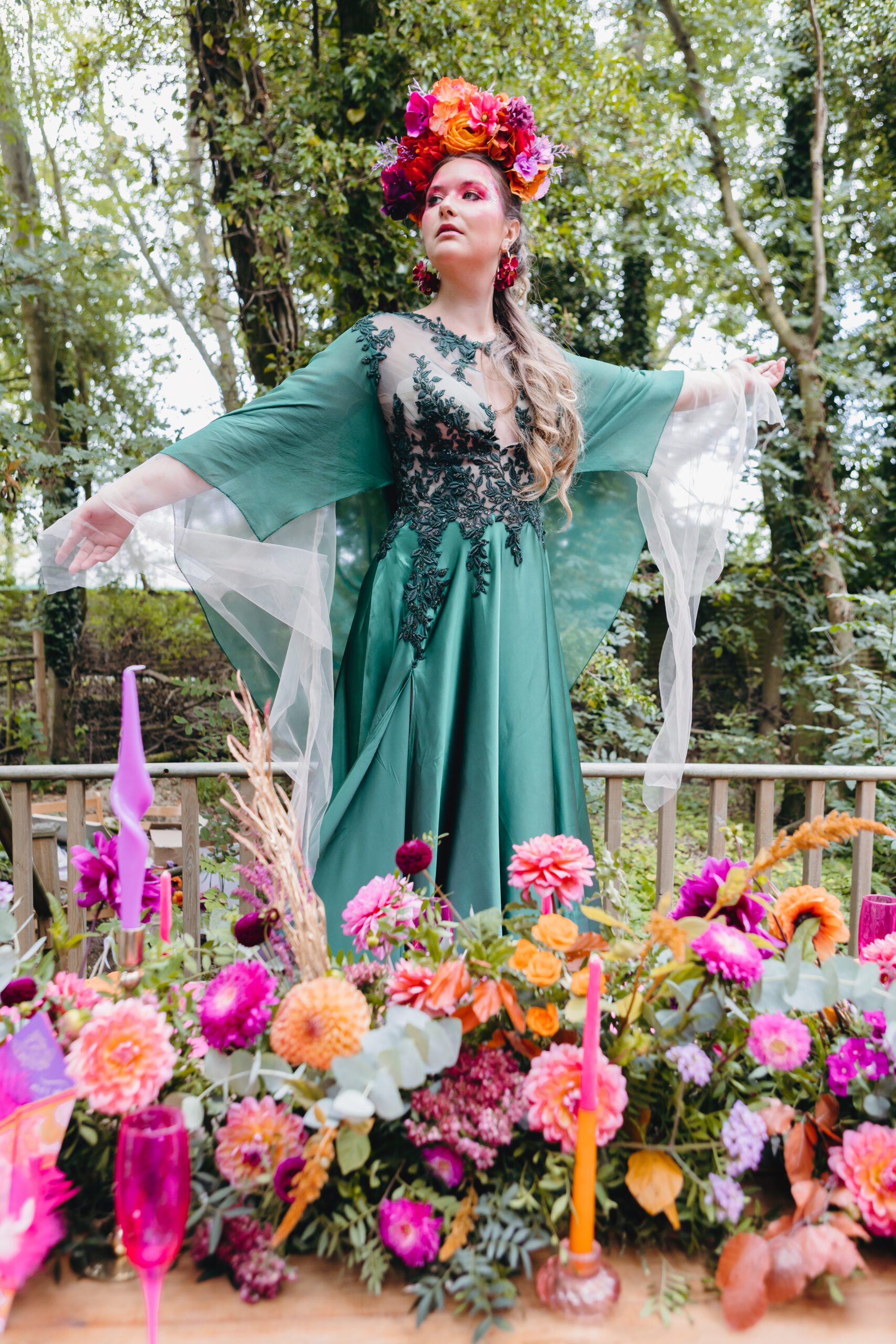 alternative bride pagan florence welch inspired custom layered wedding dress floral headdress