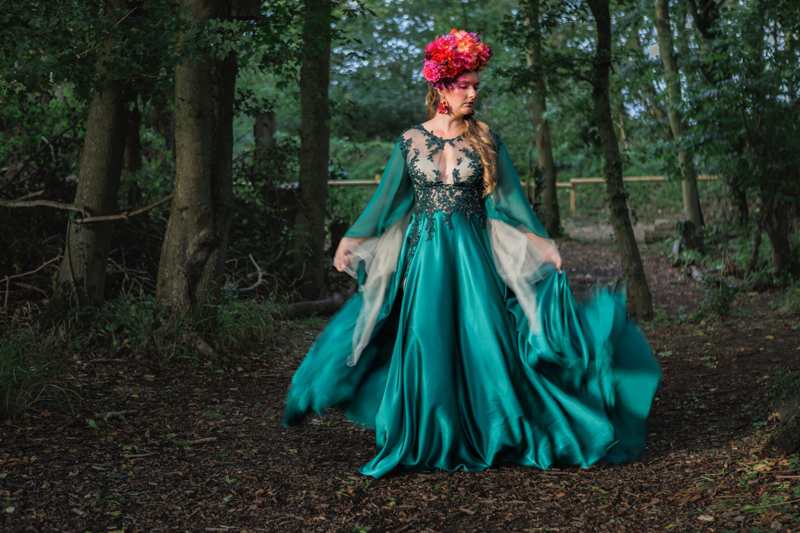 bespoke full length floaty sheer illusion woodland witch faerie dryad forest green wedding dress