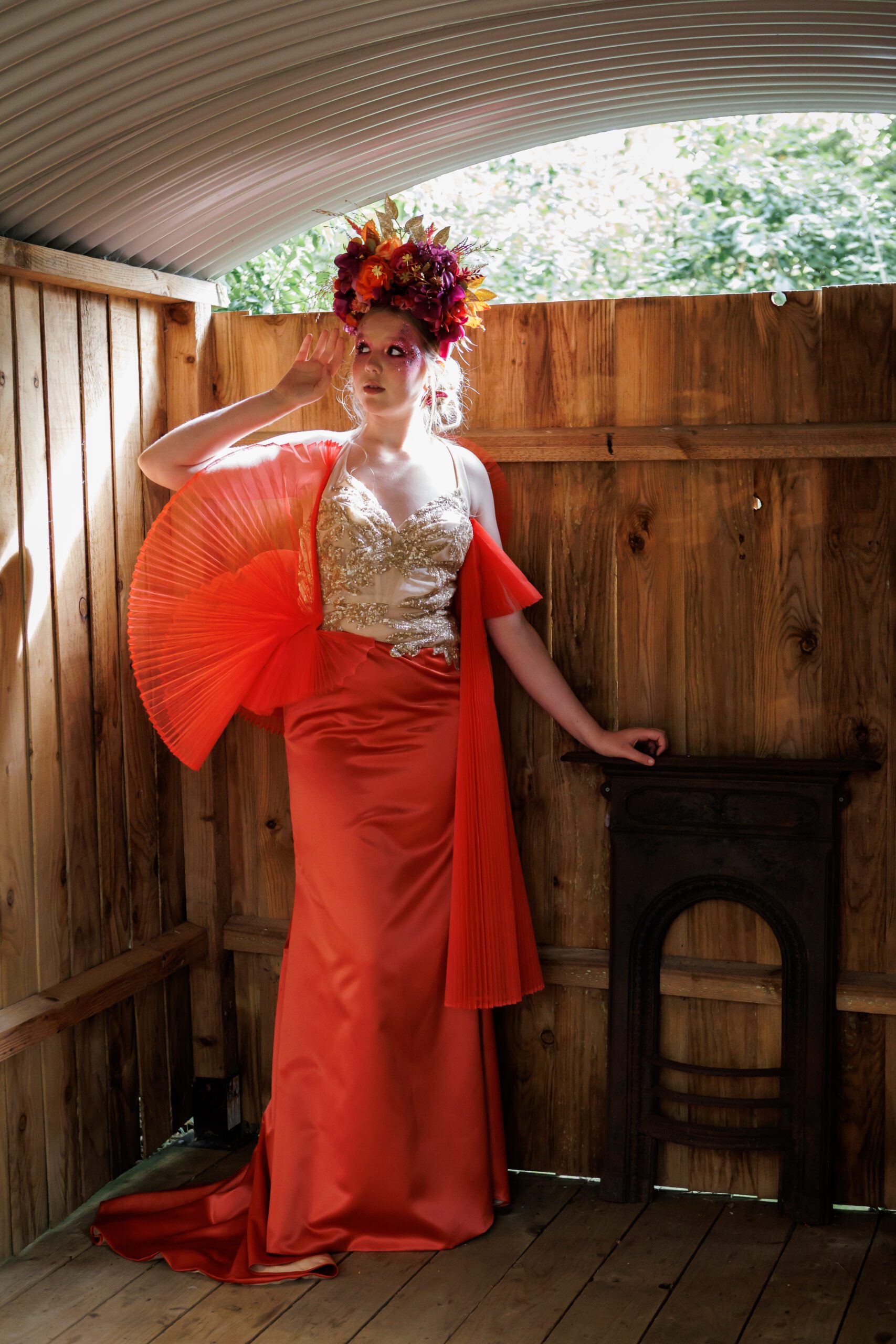 full length bright vibrant jewel tone citrine garnet orange wedding dress