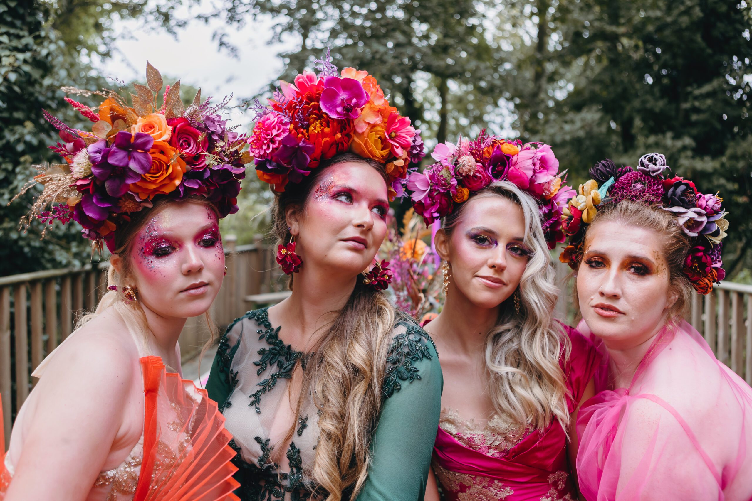 floral head dress opulent vibrant bright pink orange green purple wedding dress flower halo theme inspiration ideas