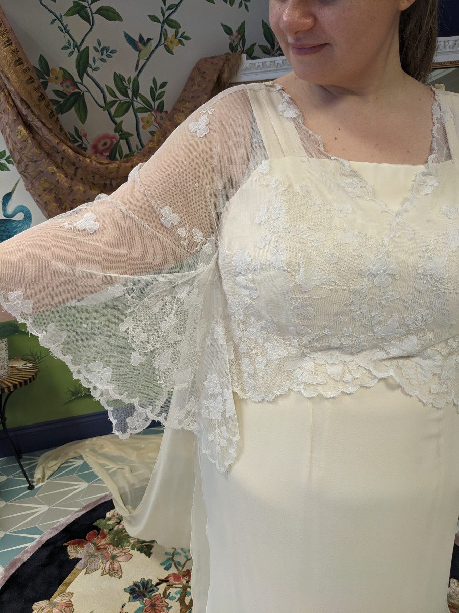 edwardian lace shawl sleeve wedding dress detail