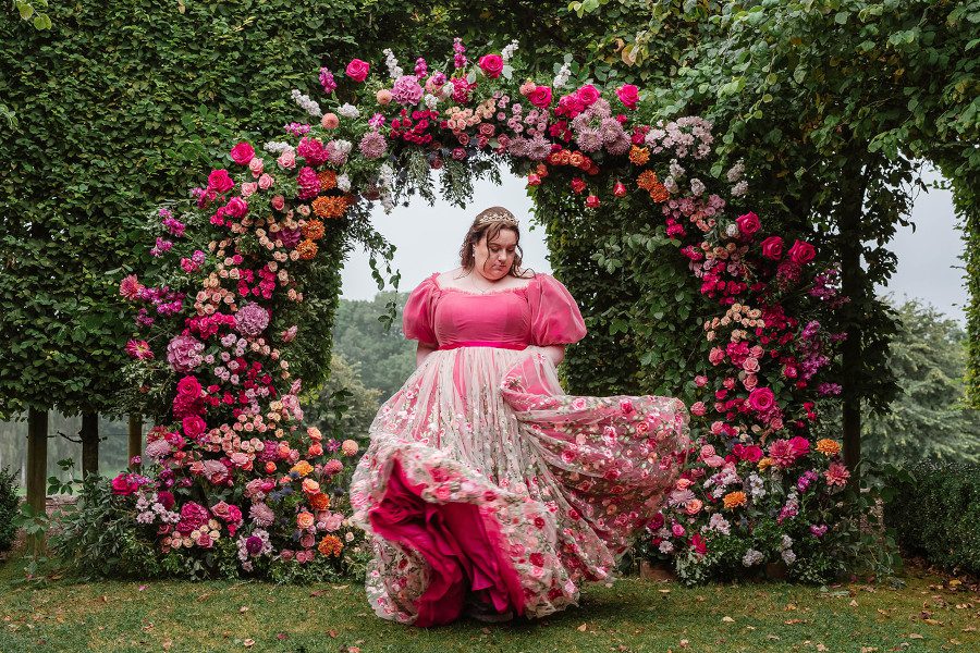 custom bespoke Floral Pink Plus Size Wedding Dress flower arch orange cream cerise fuchsia princess bride