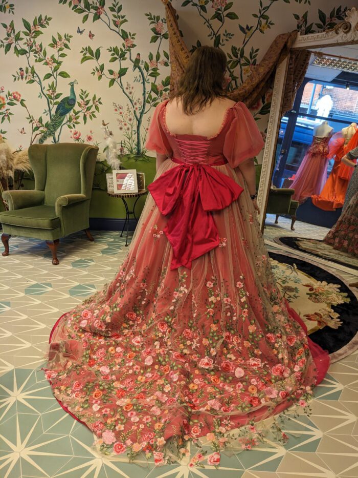 back view bride trying on dress surrey dorking bridal boutique