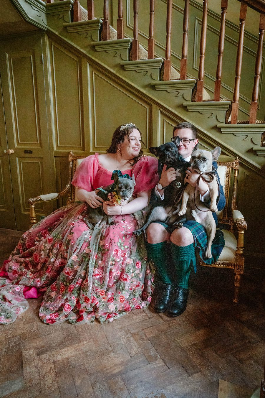 pink wedding dress dogs frenchies french bulldog plus size bride groom couple portrait