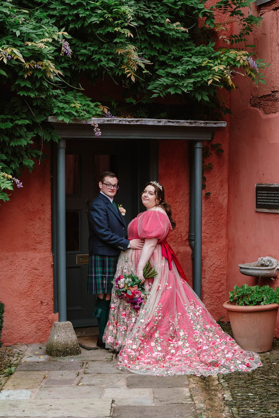 dramatic unique full length train bespoke custom made regal royal floral pink princess wedding dress