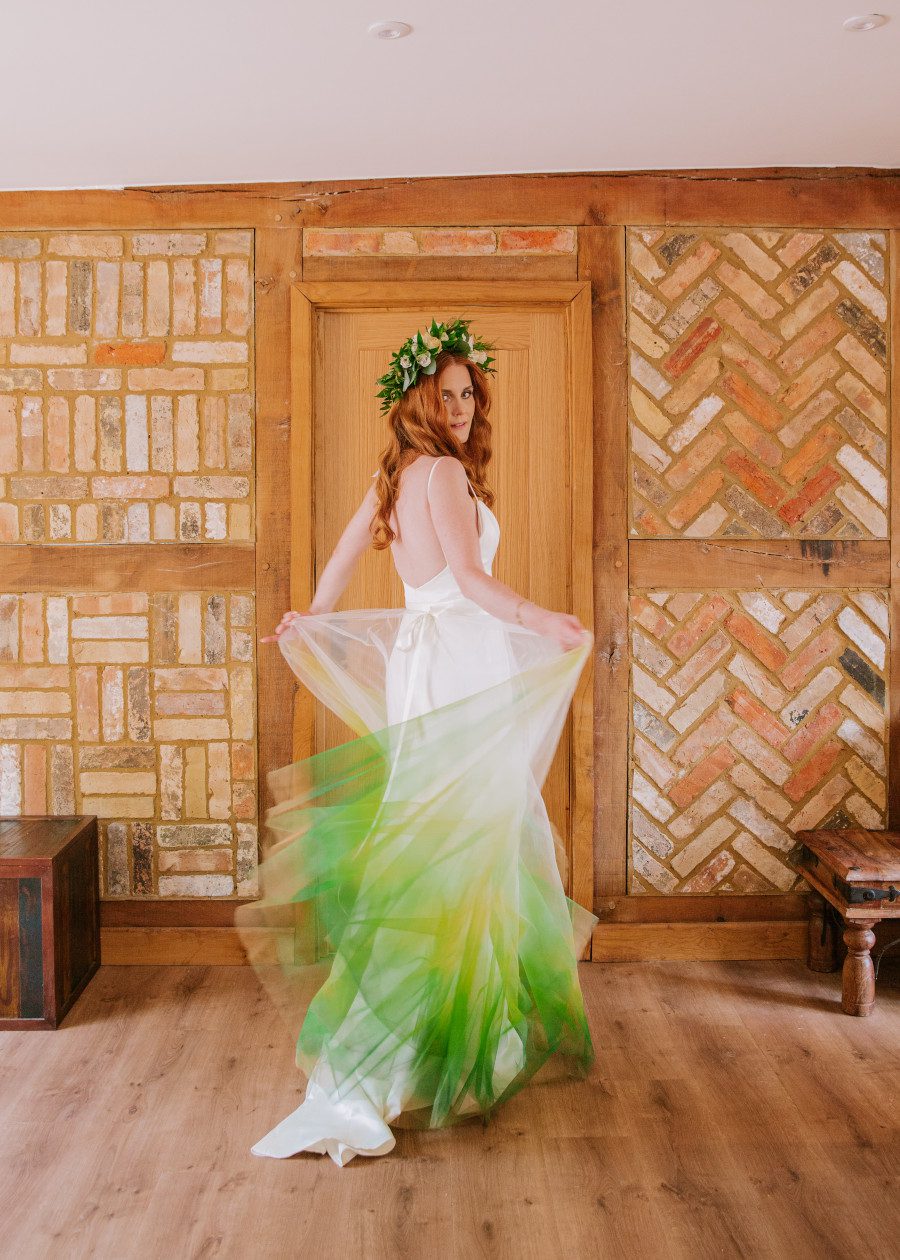 vibrant bright lime chartreuse forest dark green gold gradient ombre dip dye colourful wedding dress tulle skirt