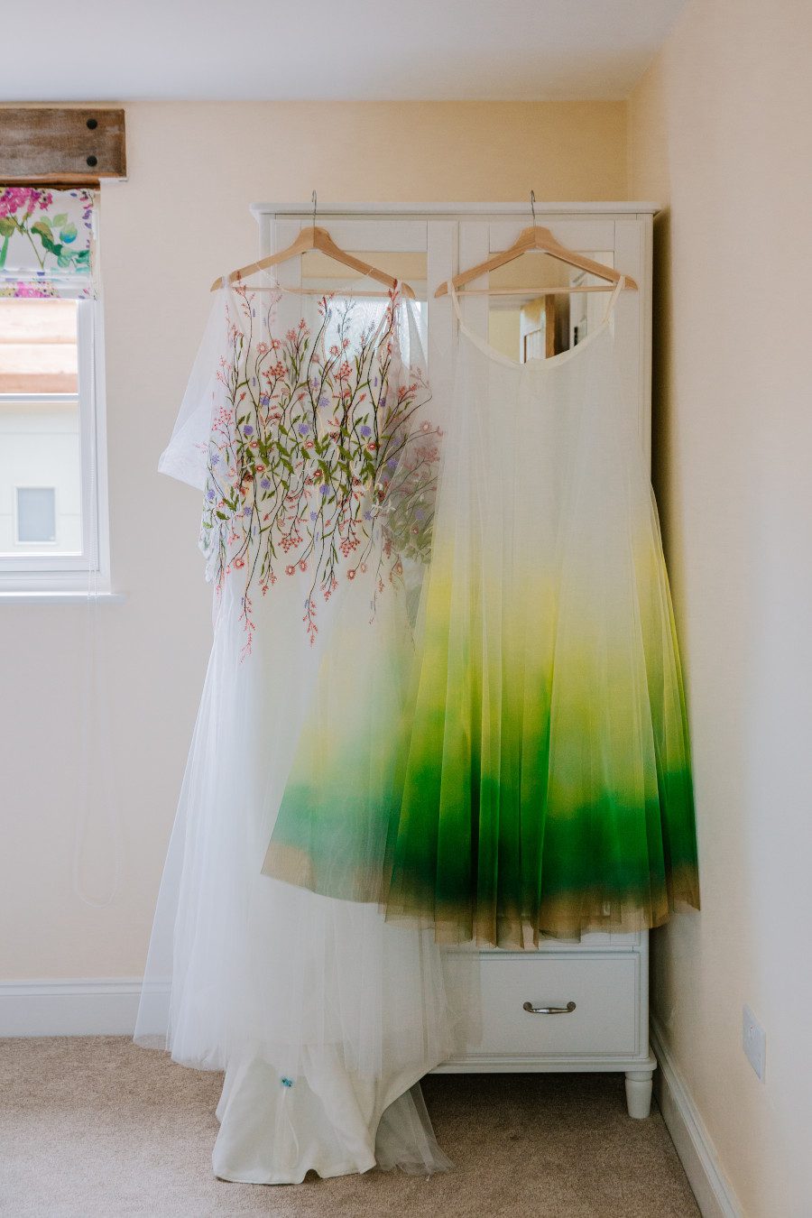 lime forest dark green gold dip dye gradient ombre bridal skirt colourful floral dress