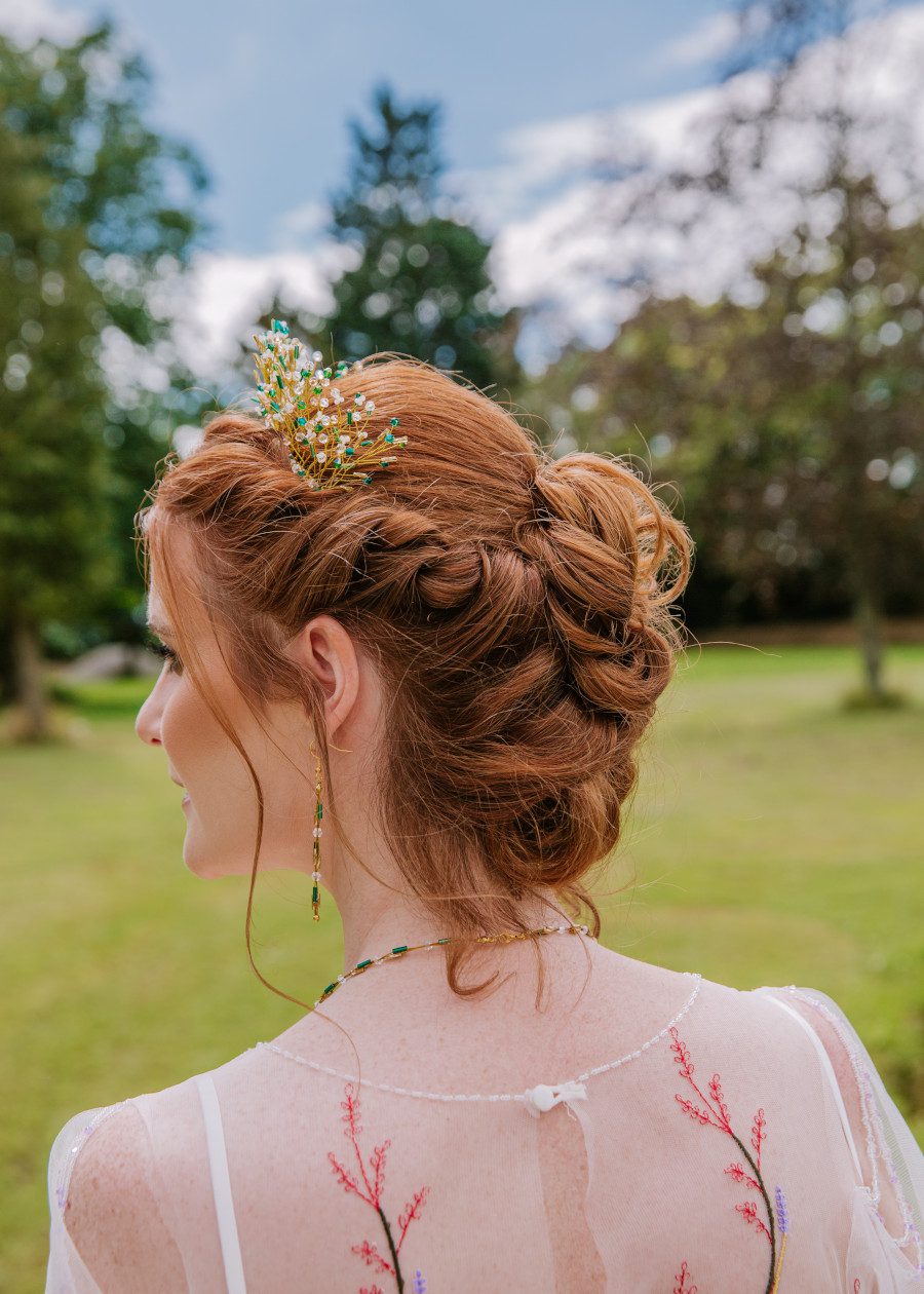 bridal wedding hair supplier ginger red head haired bride messy up do wispy tiara