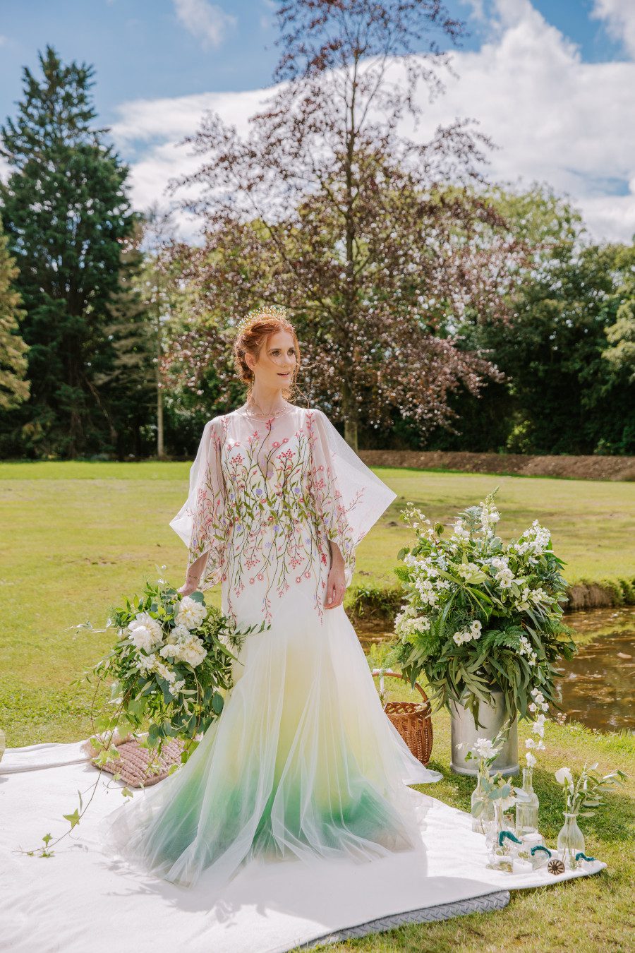 elegant stunning floaty green gold dip dye floral wildflower organic boho short kimono sleeve wedding dress