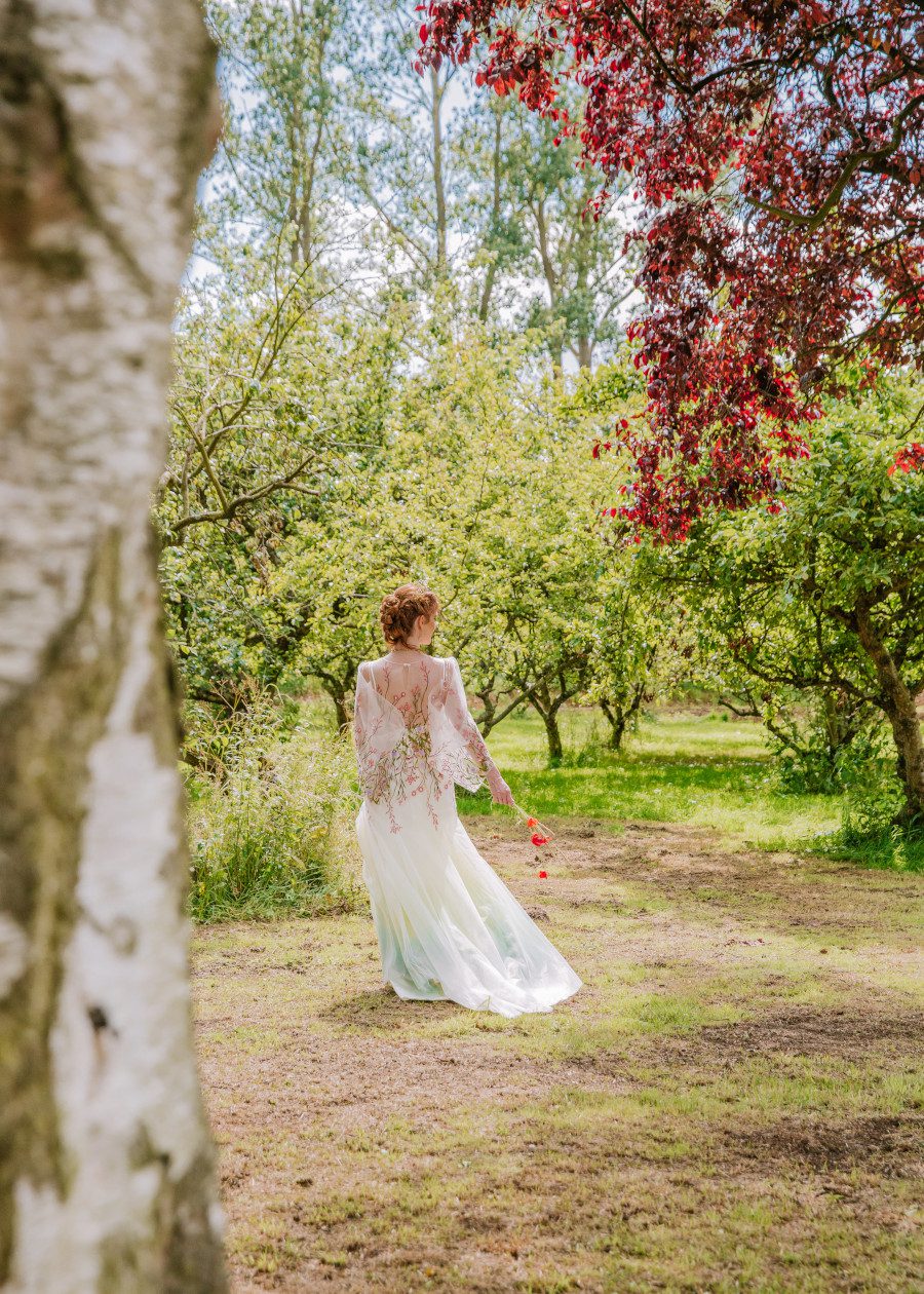 goddess divine pagan gaia nymph nature bride wedding dress kimono sleeve colourful embroidered tulle lace