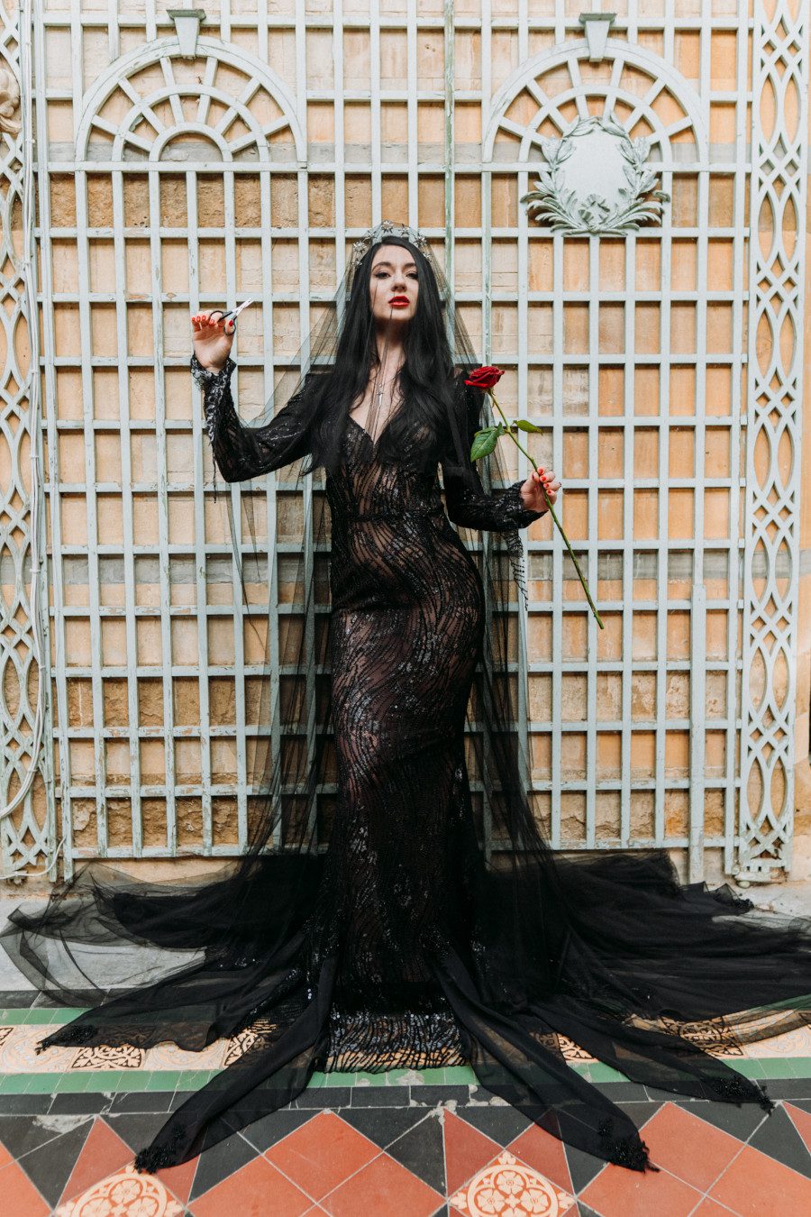 sheer sequin lace floor length witchy morticia addams wedding dress long bridal veil