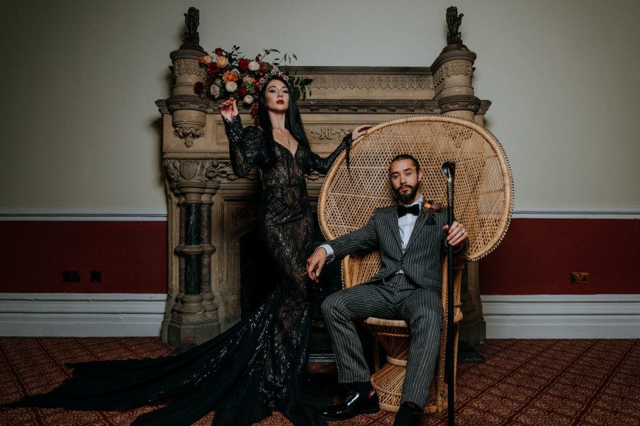 bespoke custom made gomez morticia iconic film inspired wedding couple uk south england surrey seamstress