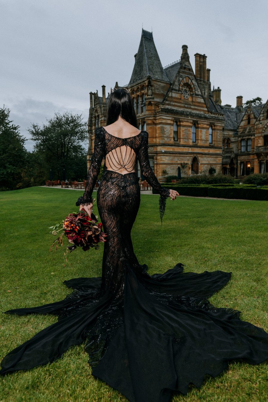 bespoke custom made beaded back necklace backless figure hugging sexy vampy morticia addams inspired dress gothic manor house wedding