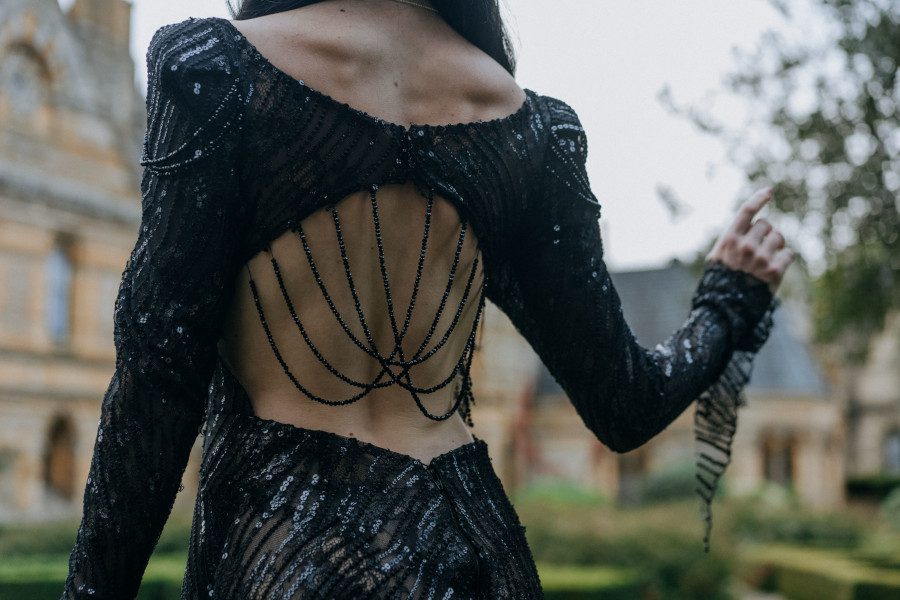 spiderweb back necklace jewellery shoulder pads long hanging trailing sleeve black alternative sheer wedding dress