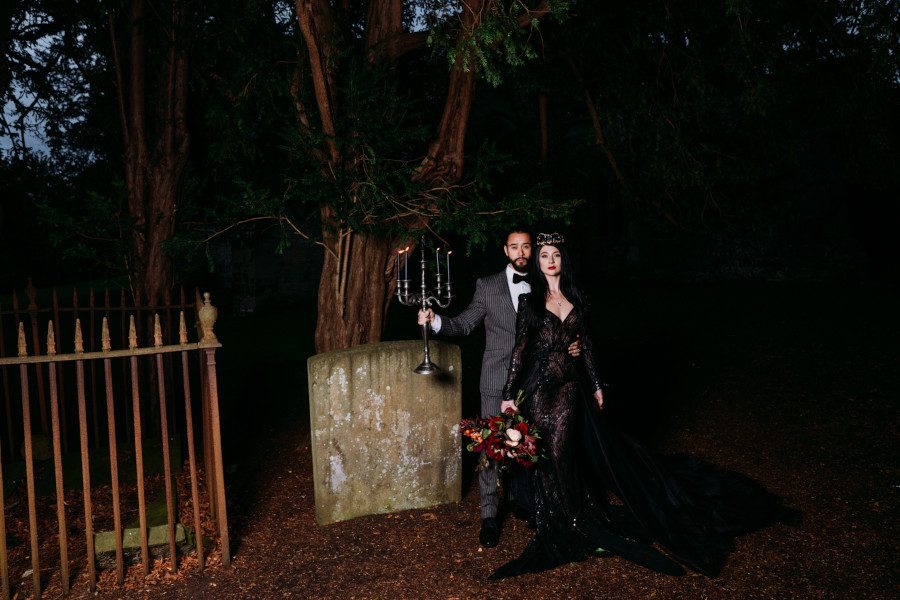 haunted spooky dramatic graveyard wedding dark night time evening woodland uk england south surrey sheer sexy bride dress