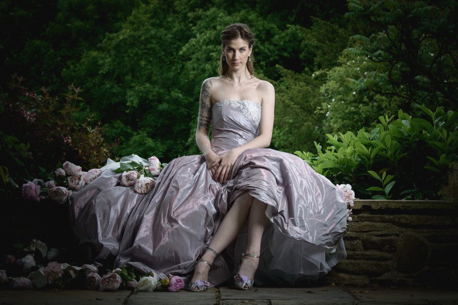 Bespoke Wedding Dress Photoshoot in Sussex manor house shimmery pearlescent lilac sleeveless