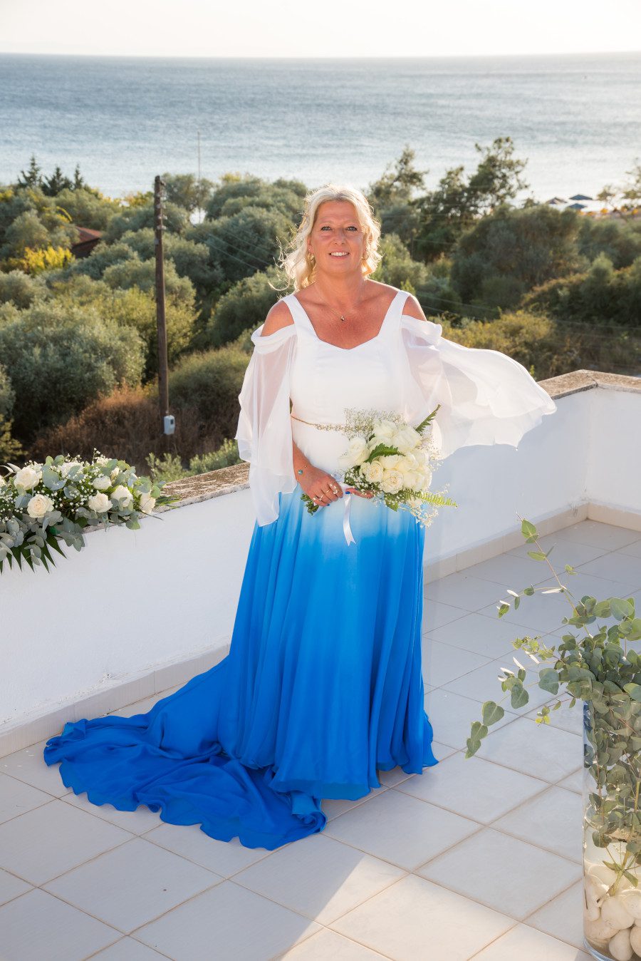 destination wedding full length train waterfall chiffon sleeves dip dye blue wedding dress