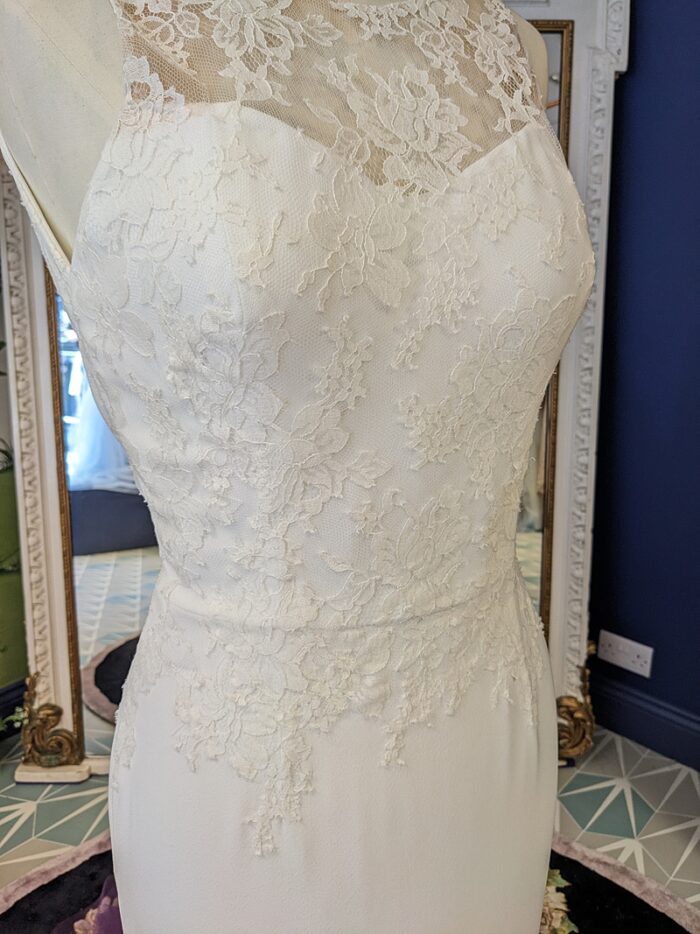 bespoke wedding dress chantilly lace bodice detail