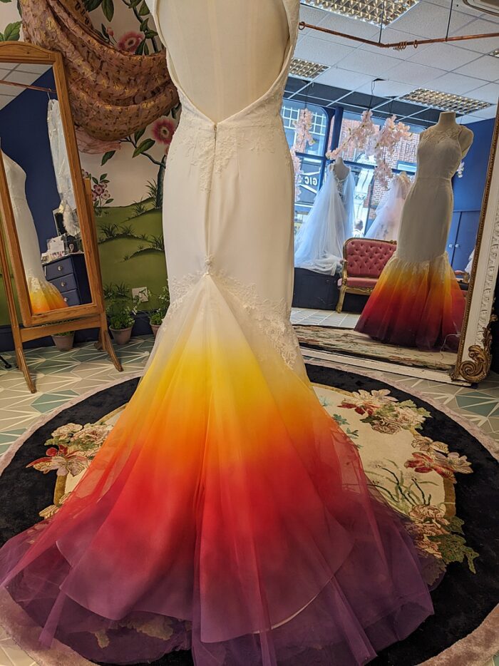 bustle train on fishtail custom ombre wedding dress