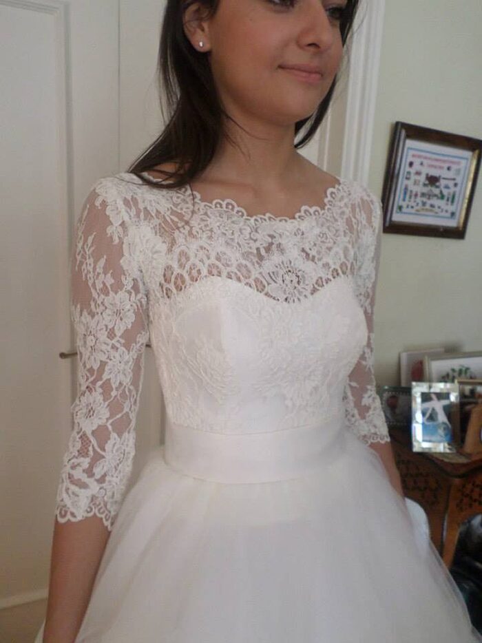 final fitting picture of corded lace detail bespoke dress