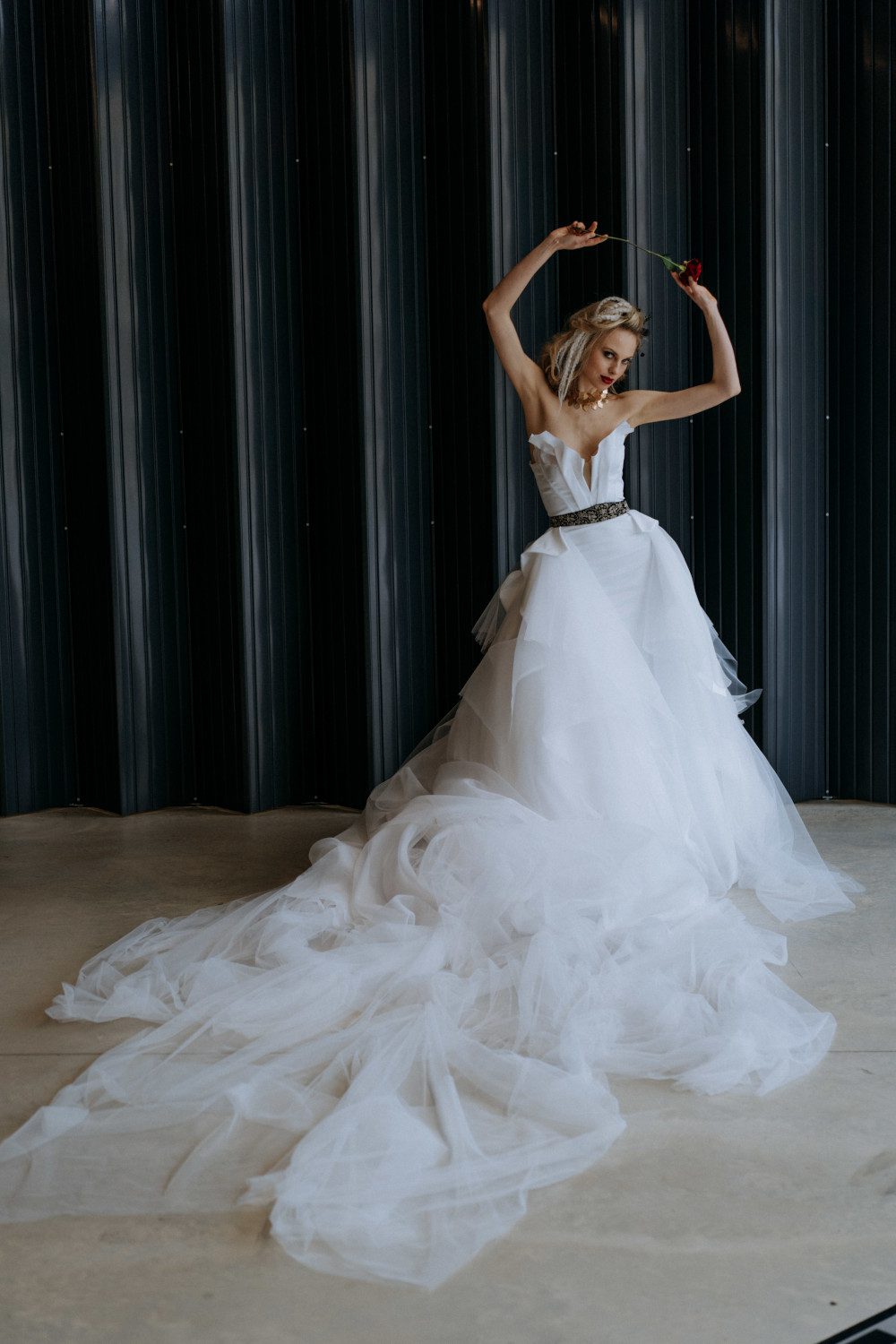 felicity westmacott bespoke custom layered tulle duchess satin form fitting wedding dress