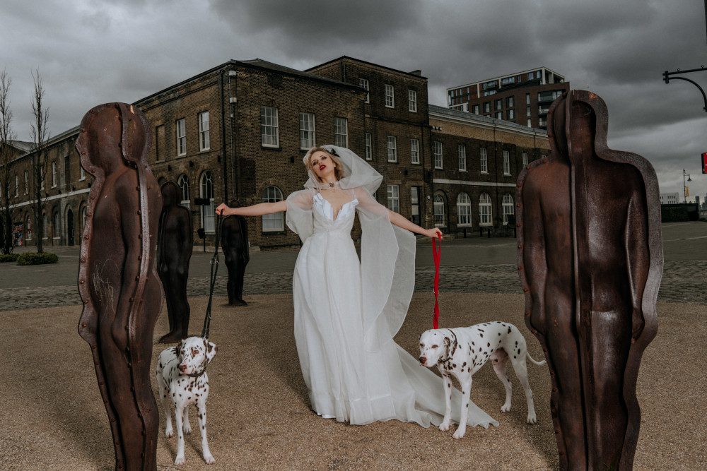 cruella de vil london wedding photoshoot rebel bride dogs dalmations