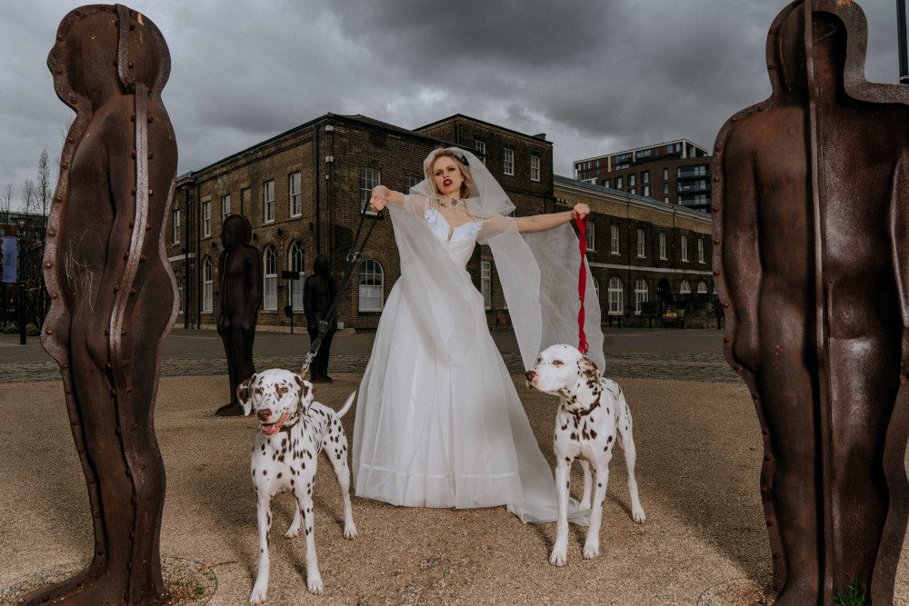 bespoke couture disney cruella deville bride dalmations outdoor london wedding