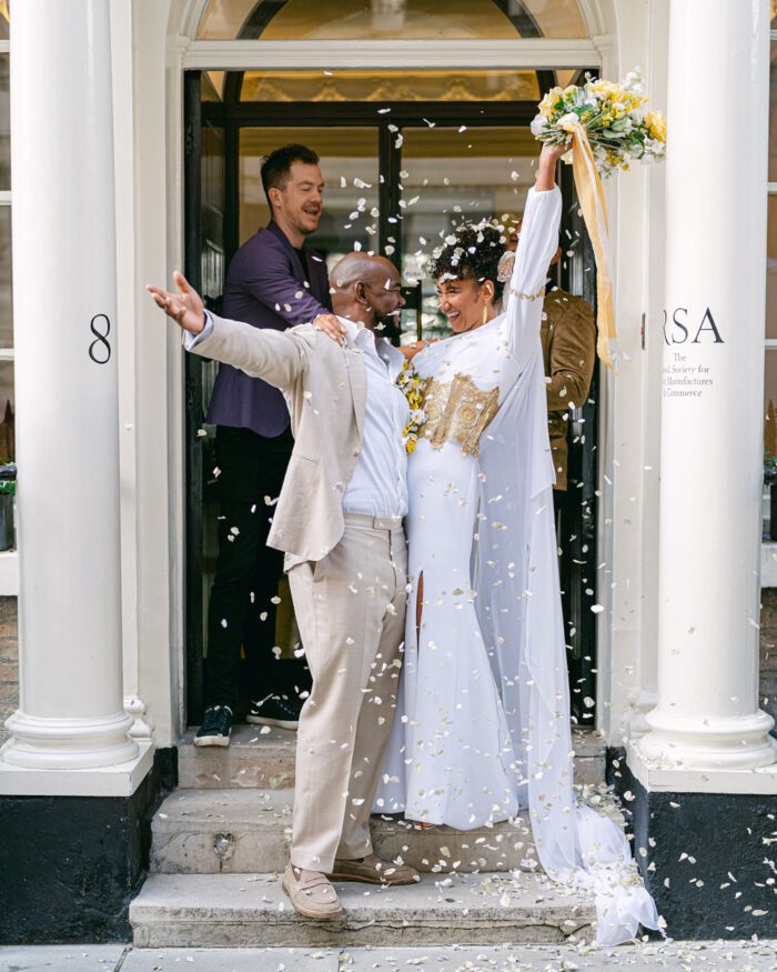 bespoke wedding dress photoshoot London confetti RSA house modern white dress