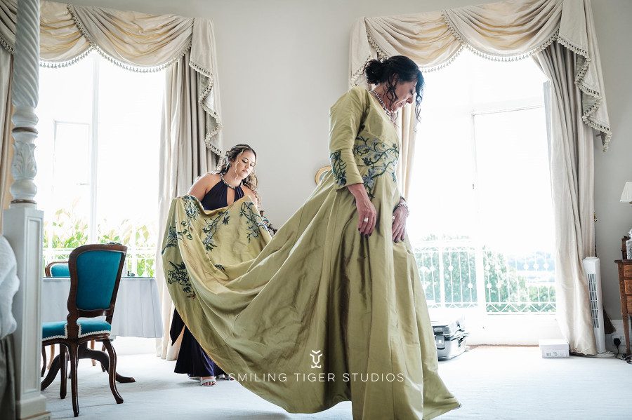 alternative unusual unique custom colourful wedding dress overdress long train