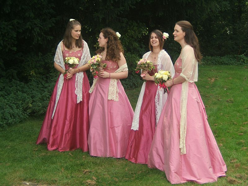 pink silk bridesmaids dresses with antique lace stoles