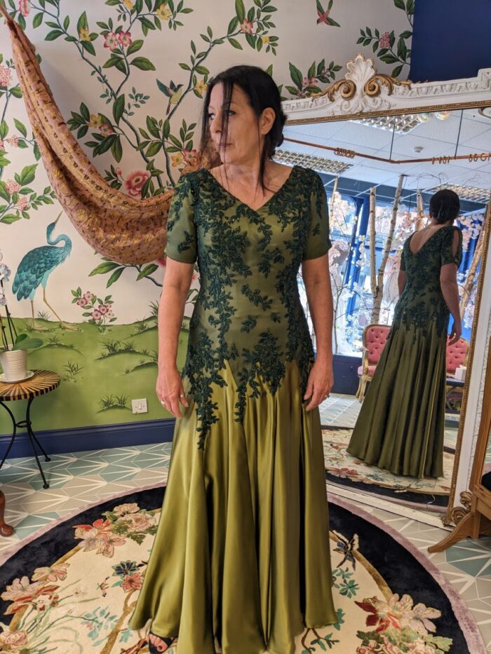 green satin embroidered dress bridal boutique fitting dorking surrey nature inspired