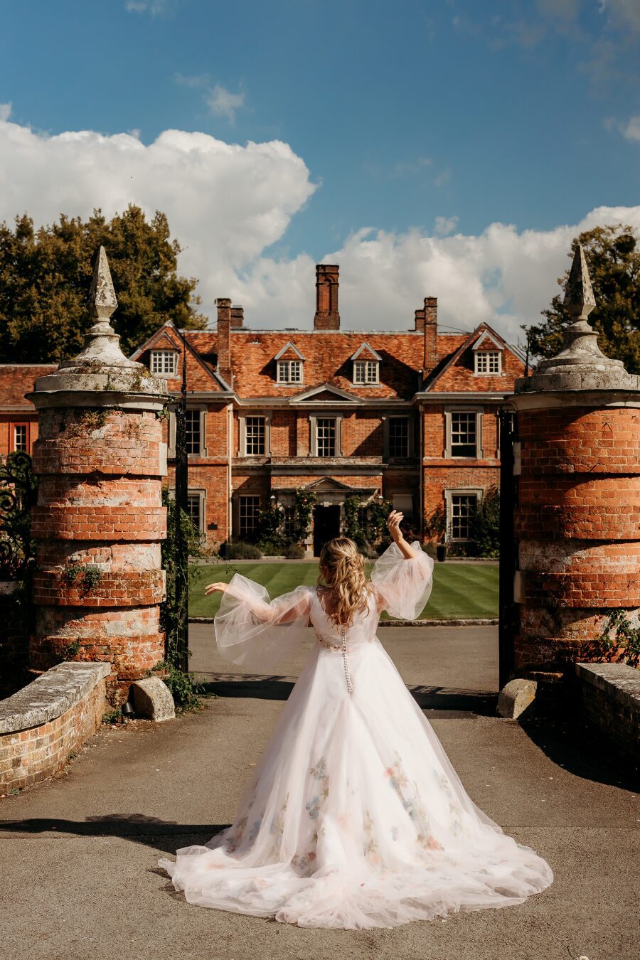 english country red brick manor house bride princess line full skirt wedding dress