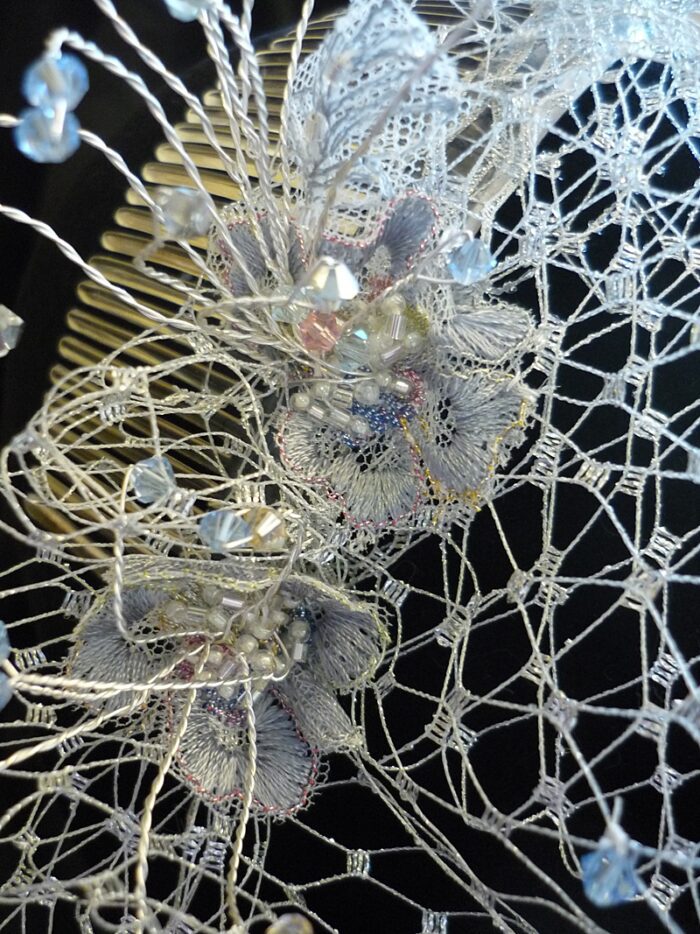 birdcage veil silver with blue flowers and crystals
