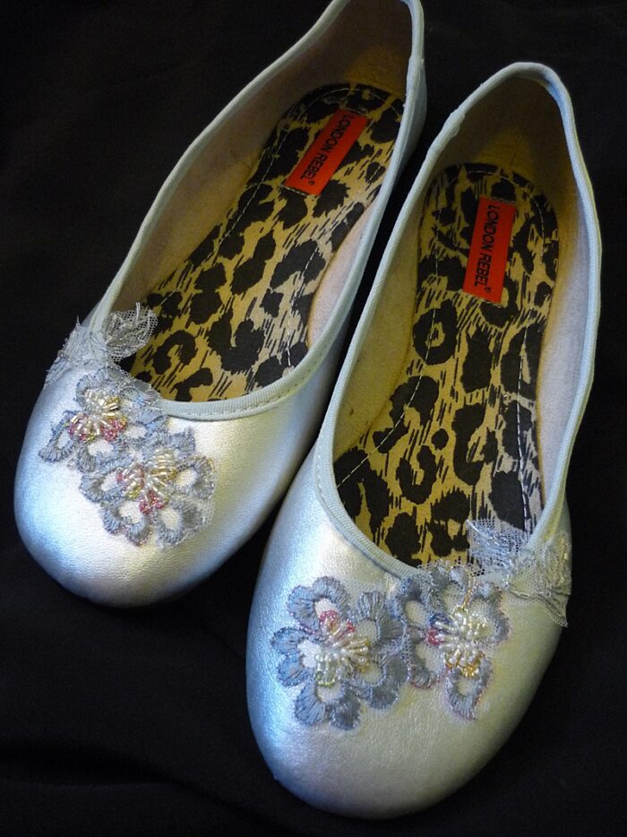silver ballet slipper with blue lace
