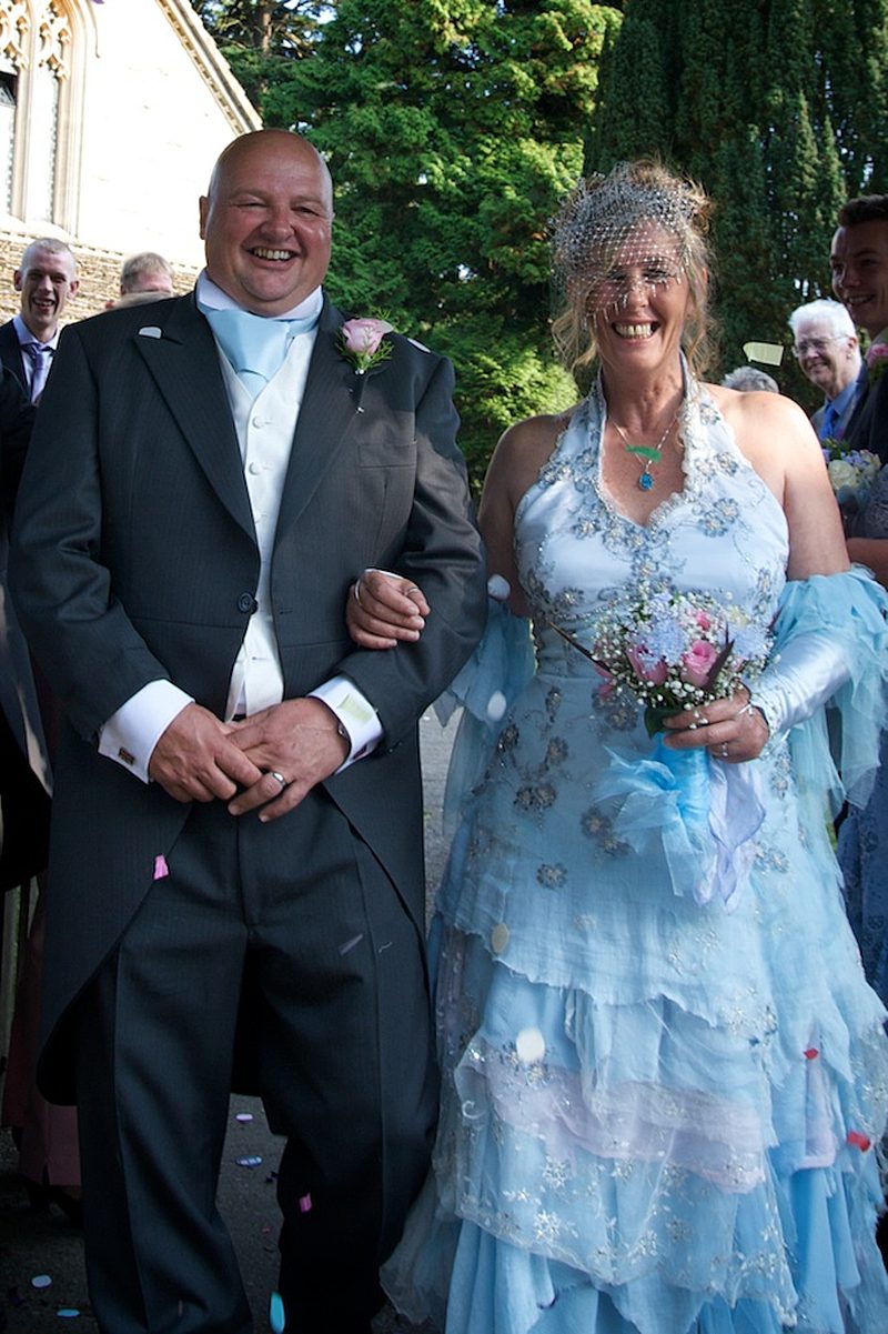 blue halter neck wedding dress with gloves