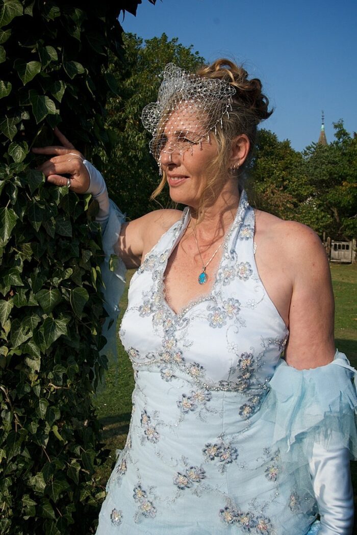 mature bride blue halter neck wedding dress