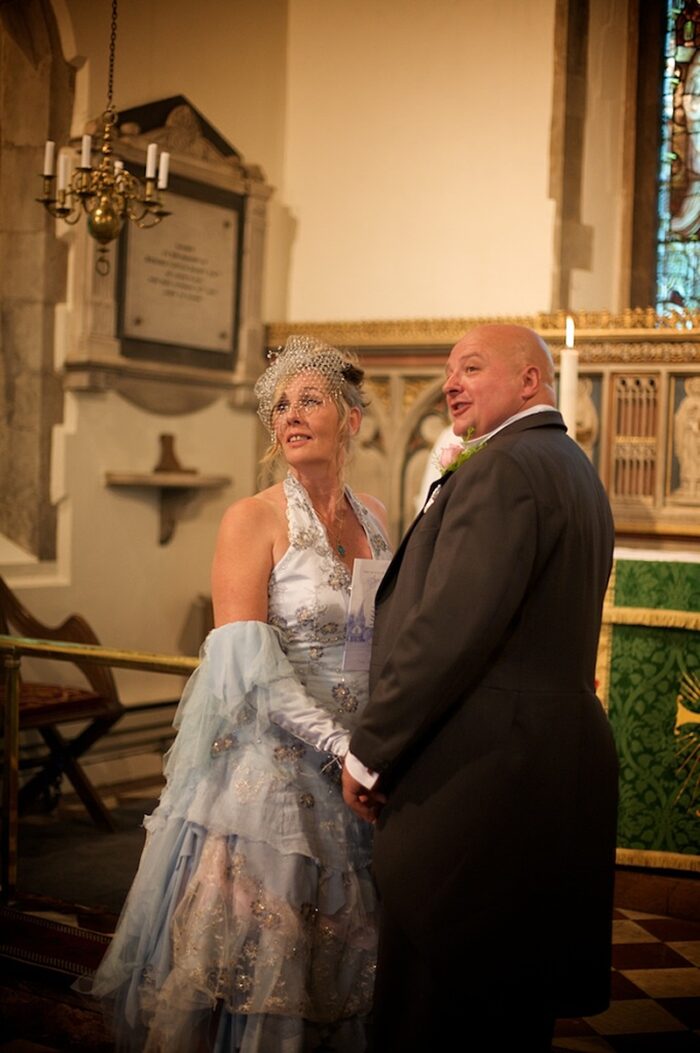 church wedding with blue wedding dress