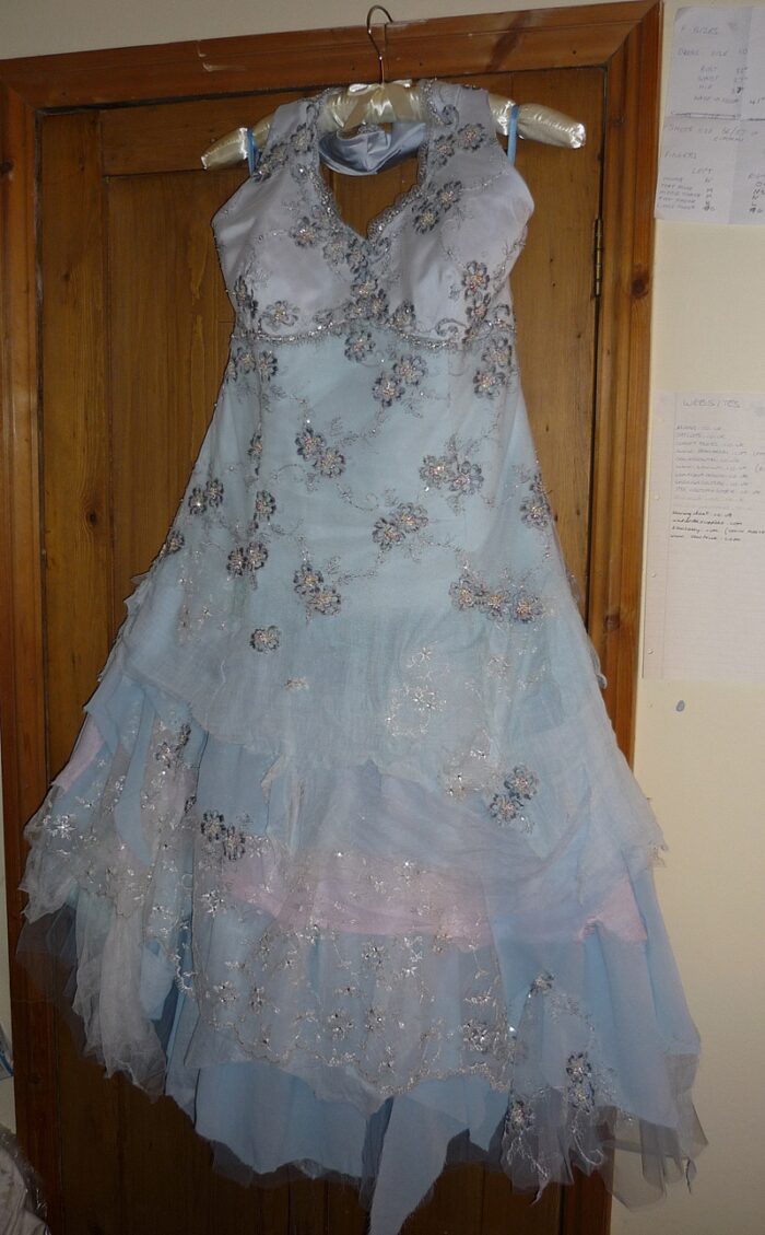 pink lace and pale blue wedding dress