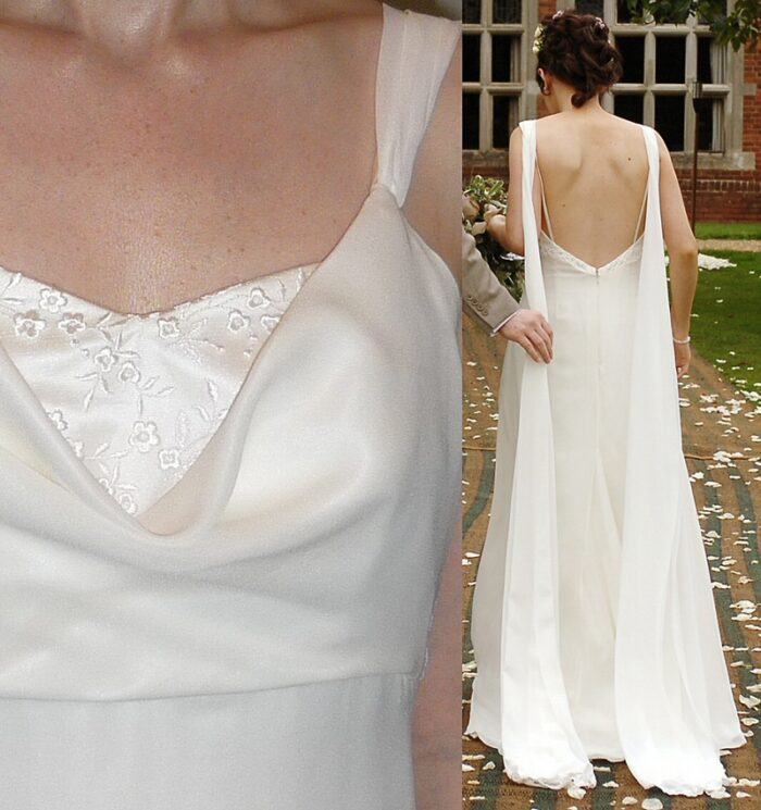 nottingham lace wedding dress with low back and cowl front