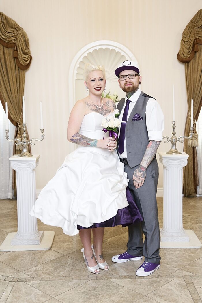 Fifties strapless dress in white and purple by Felicity Westmacott