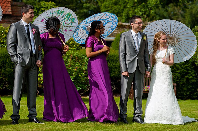 modest wedding dress and bridesmaids