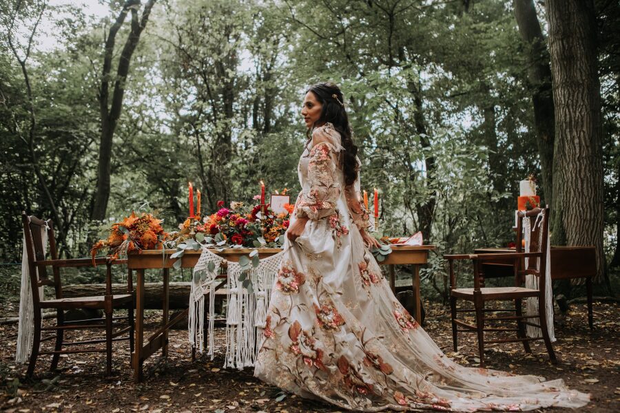 Bespoke wedding dress photoshoot hertfordshire macrame table display woodland forest wild