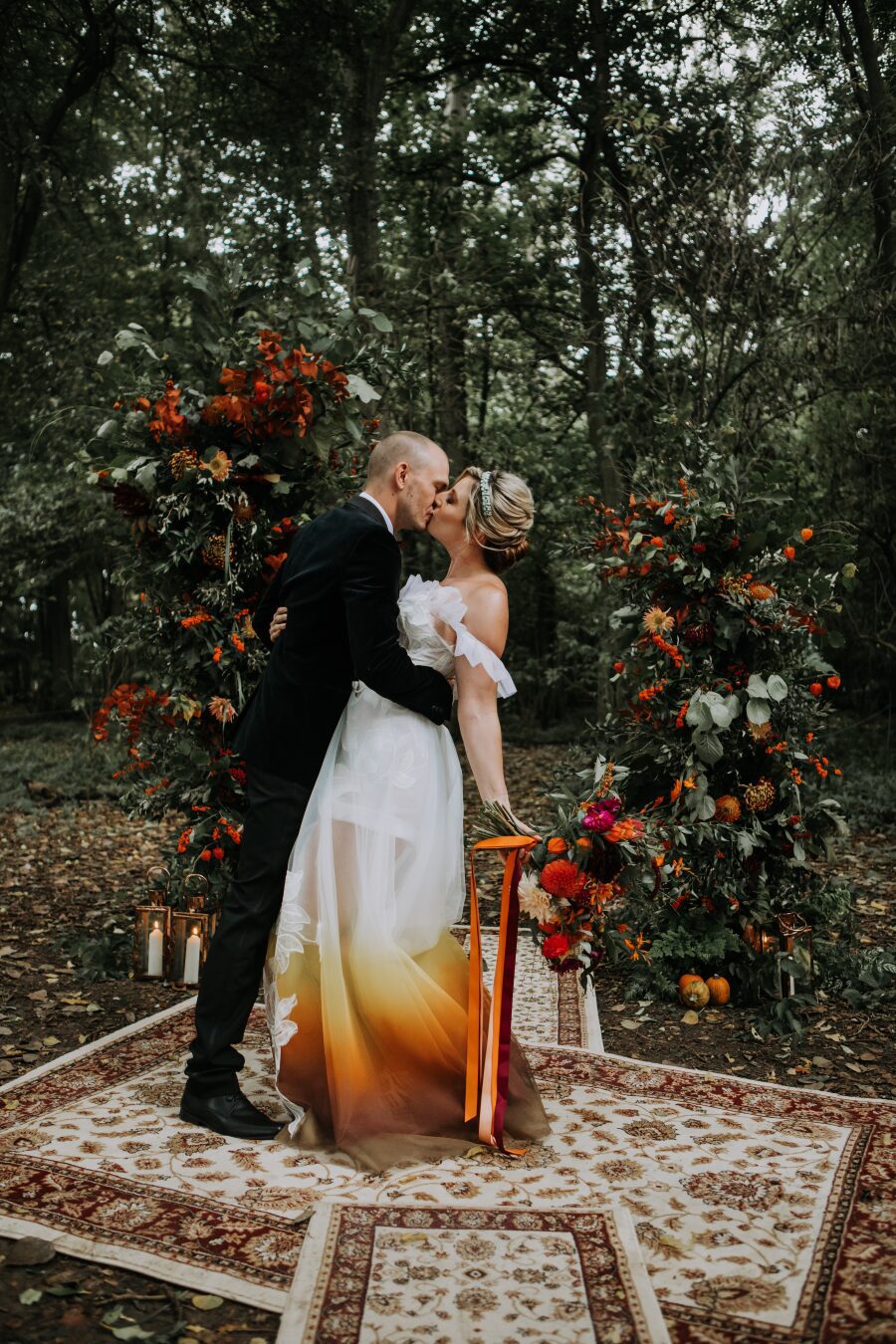 brown orange yellow gold dip dye ombre gradient overskirt bridal wedding dress