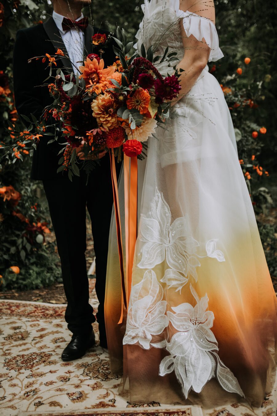 bespoke custom dip dye ombre skirt orange autumnal feature floral lace bold sequin white