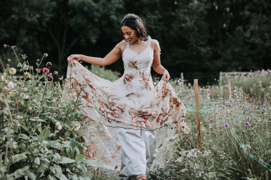 layered sequin lace tulle wedding dress jumpsuit wide leg trousers mauve beige bridal