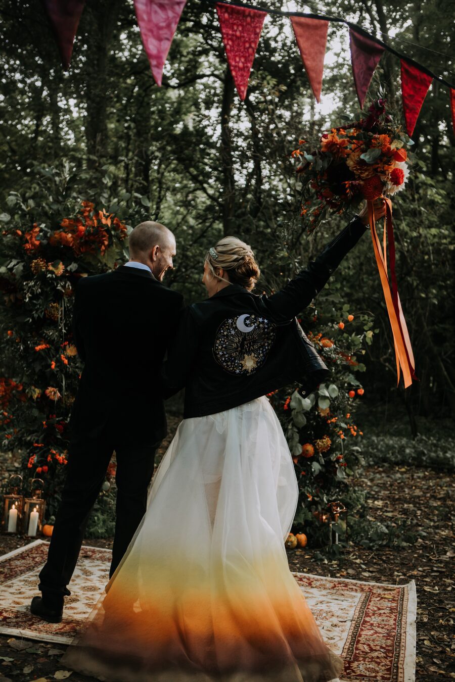 bespoke embroidered leather jacket autumn burnt orange rust dip dye wedding dress