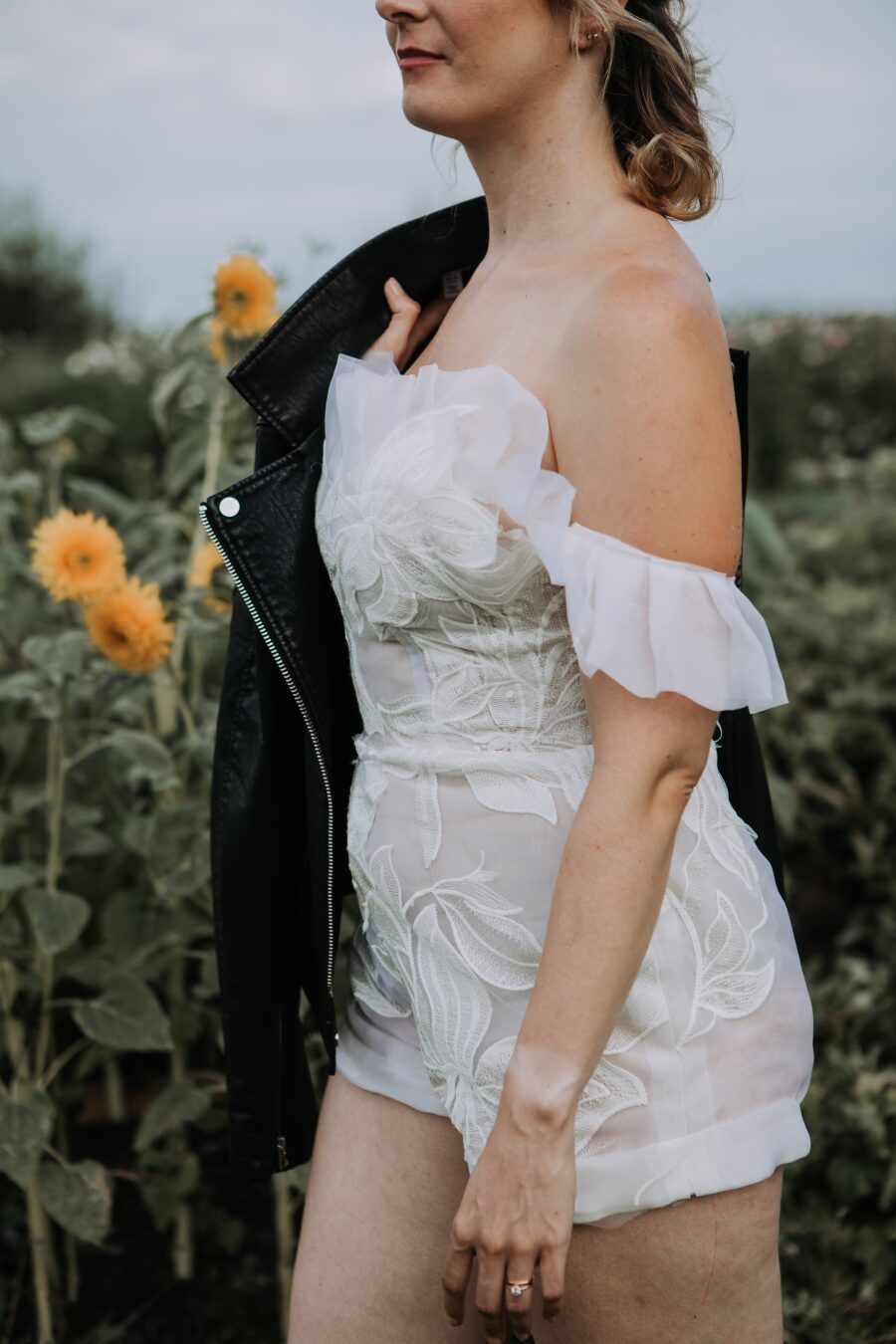 off shoulder sleeve frill ruffle bold lace sexy wedding outfit short modern playful fun bride