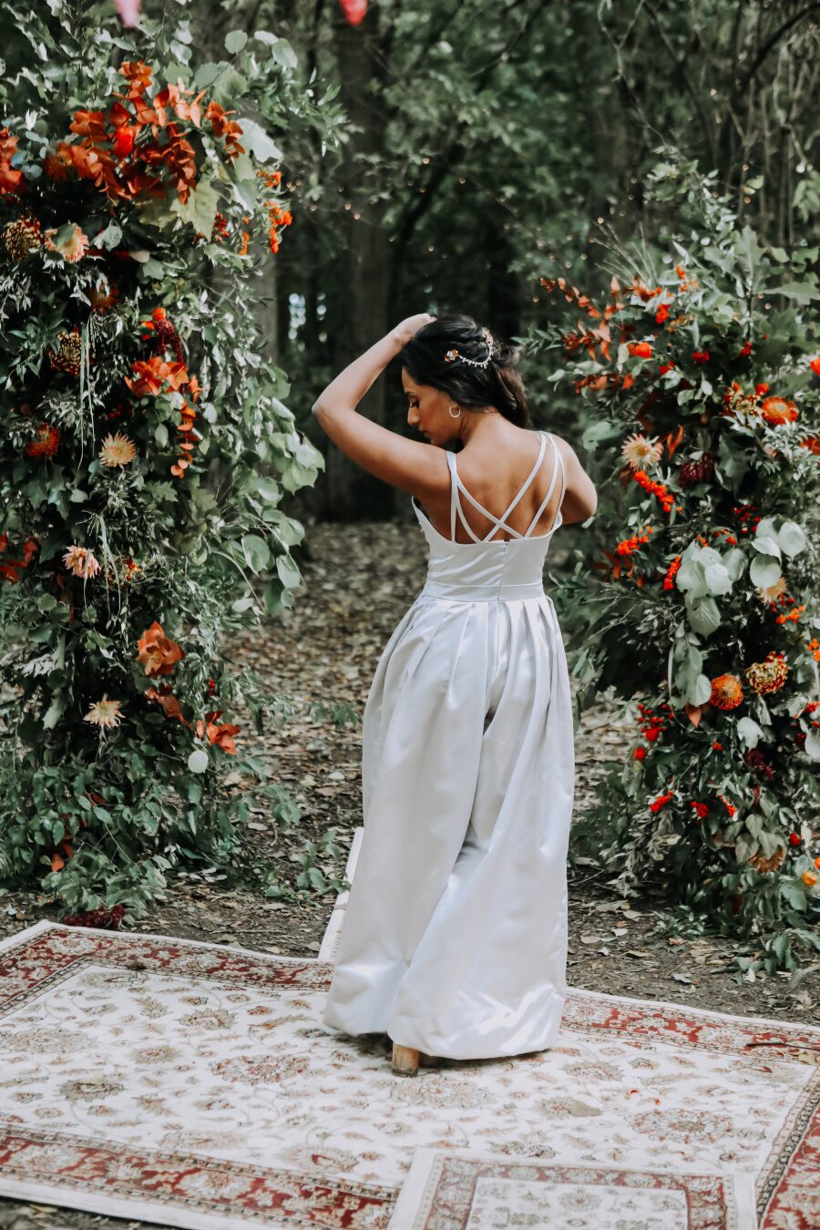 mushroom mauve wide leg jumpsuit trousers strappy ivory bridal wedding outdoor
