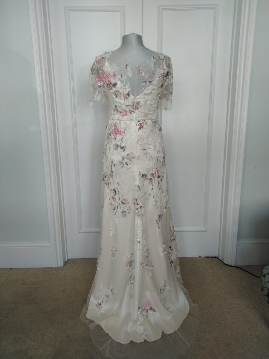 pink blush ivory floral lace sheer tulle overlay dress