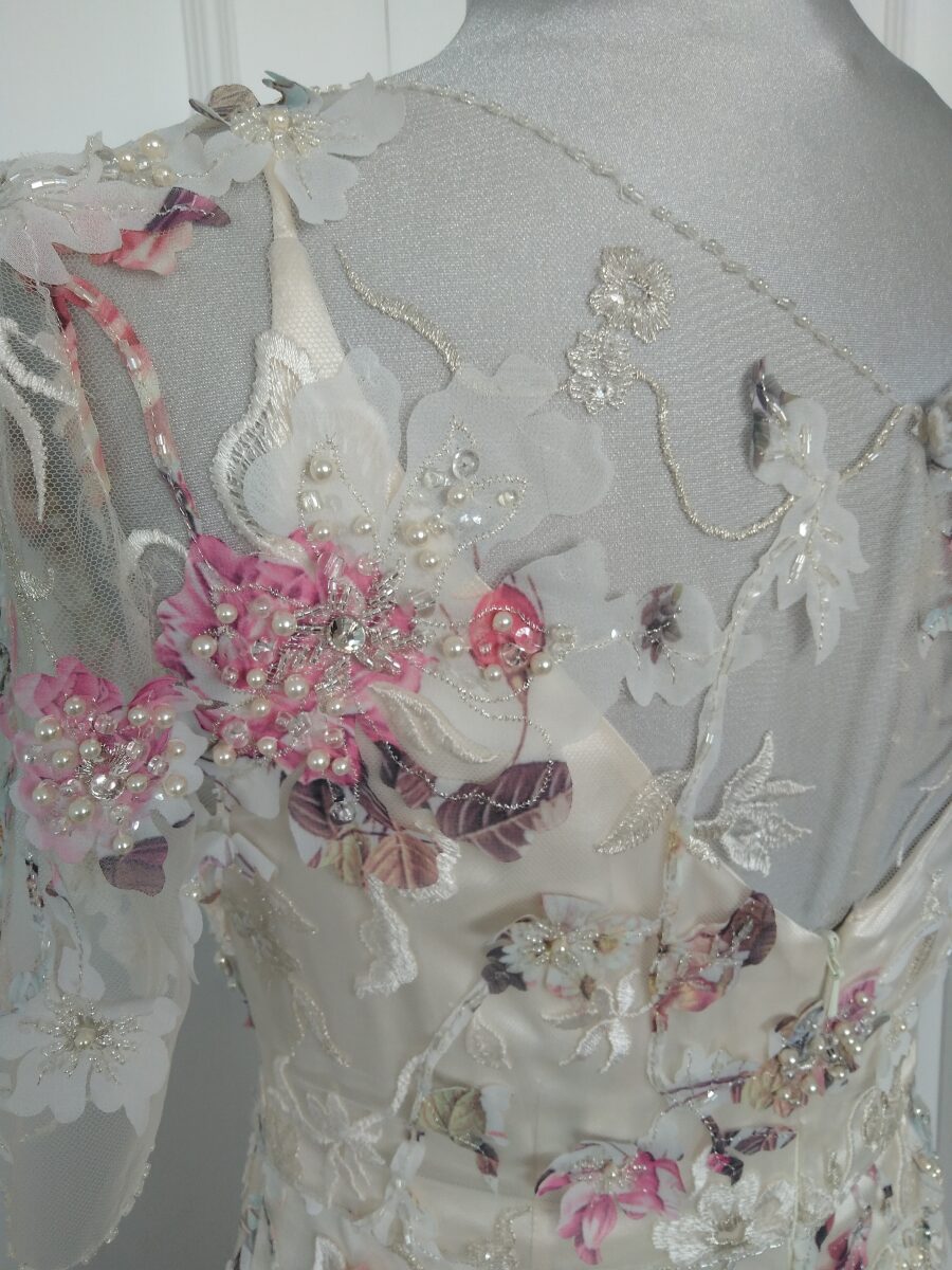 pink floral nature organic print pearl glass bead hand sewn embellishment